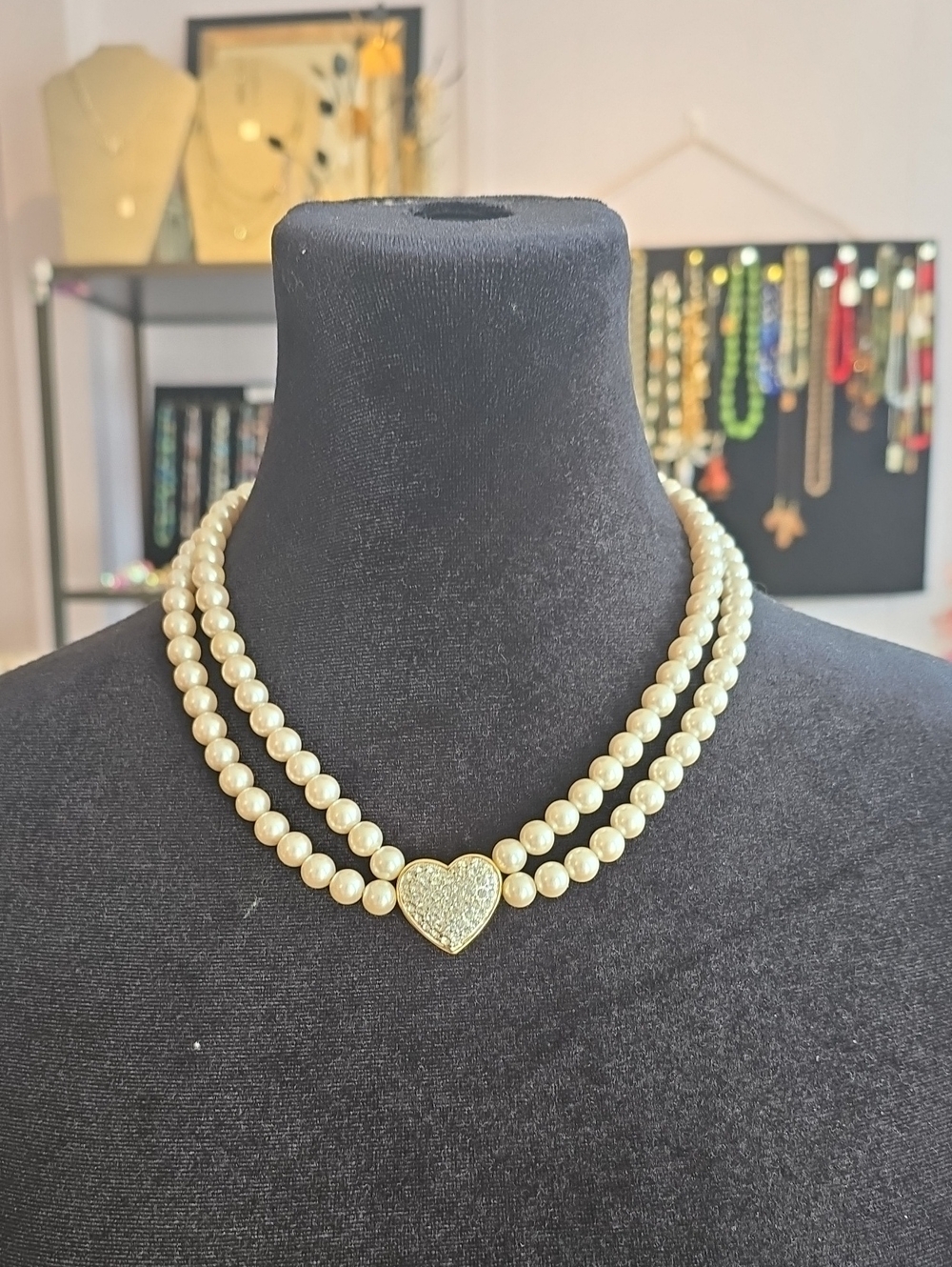 VTG Napier Pearl Double-Strand Necklace with Gold Heart Pendant